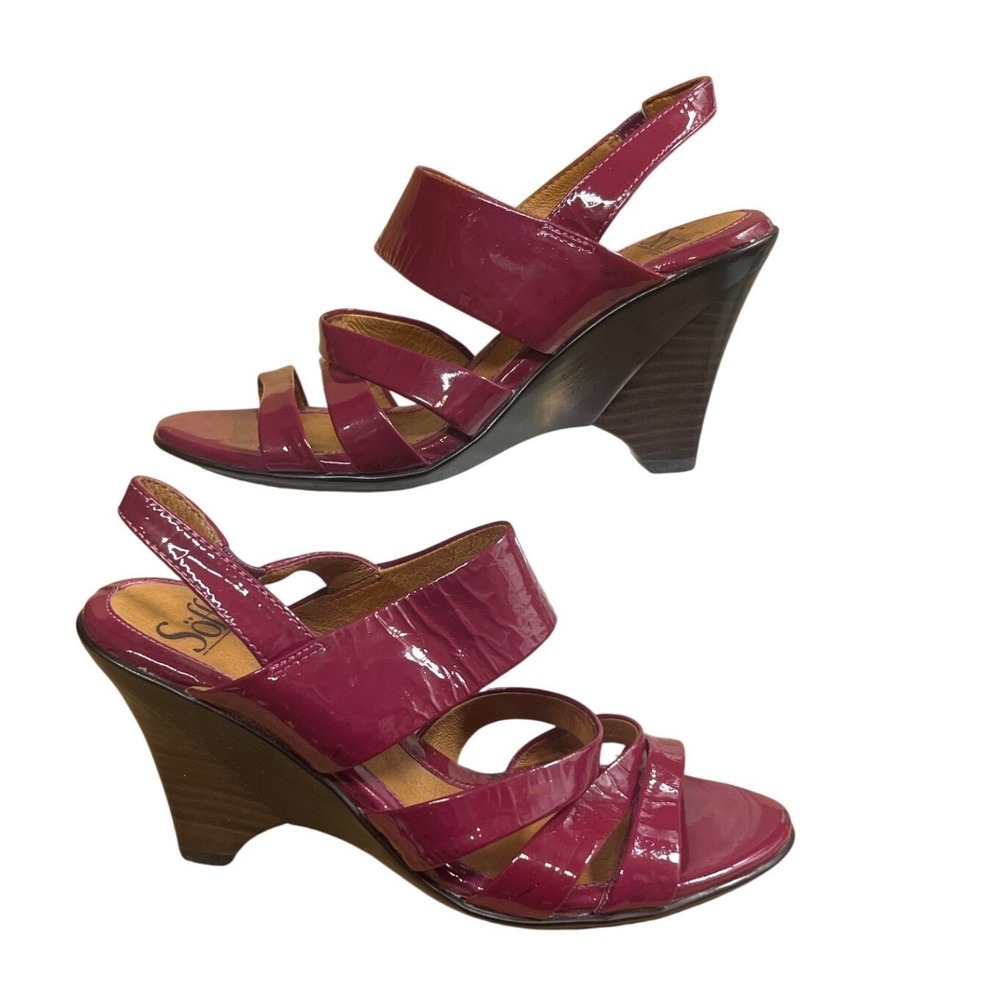 Sofft Patent Leather Wedge Sandals Womens 6M Magenta Excellent Strappy Slingback